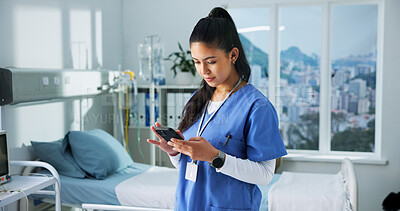 Buy stock photo Nurse, typing and woman with phone in hospital for online schedule, notification and communication. Healthcare, clinic and person on smartphone for email, medical research and contact for telehealth