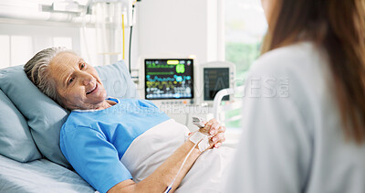 Buy stock photo Senior woman, doctor and discussion in hospital bed, rest and happy for recovery, good news or wellness. Elderly person, medical worker and talk with smile, report and support for healing at clinic