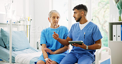 Buy stock photo Doctor, old woman and tablet on hospital bed with discussion, explain and feedback for healthcare. People, elderly patient and medical consultation with tech, application and review report at clinic