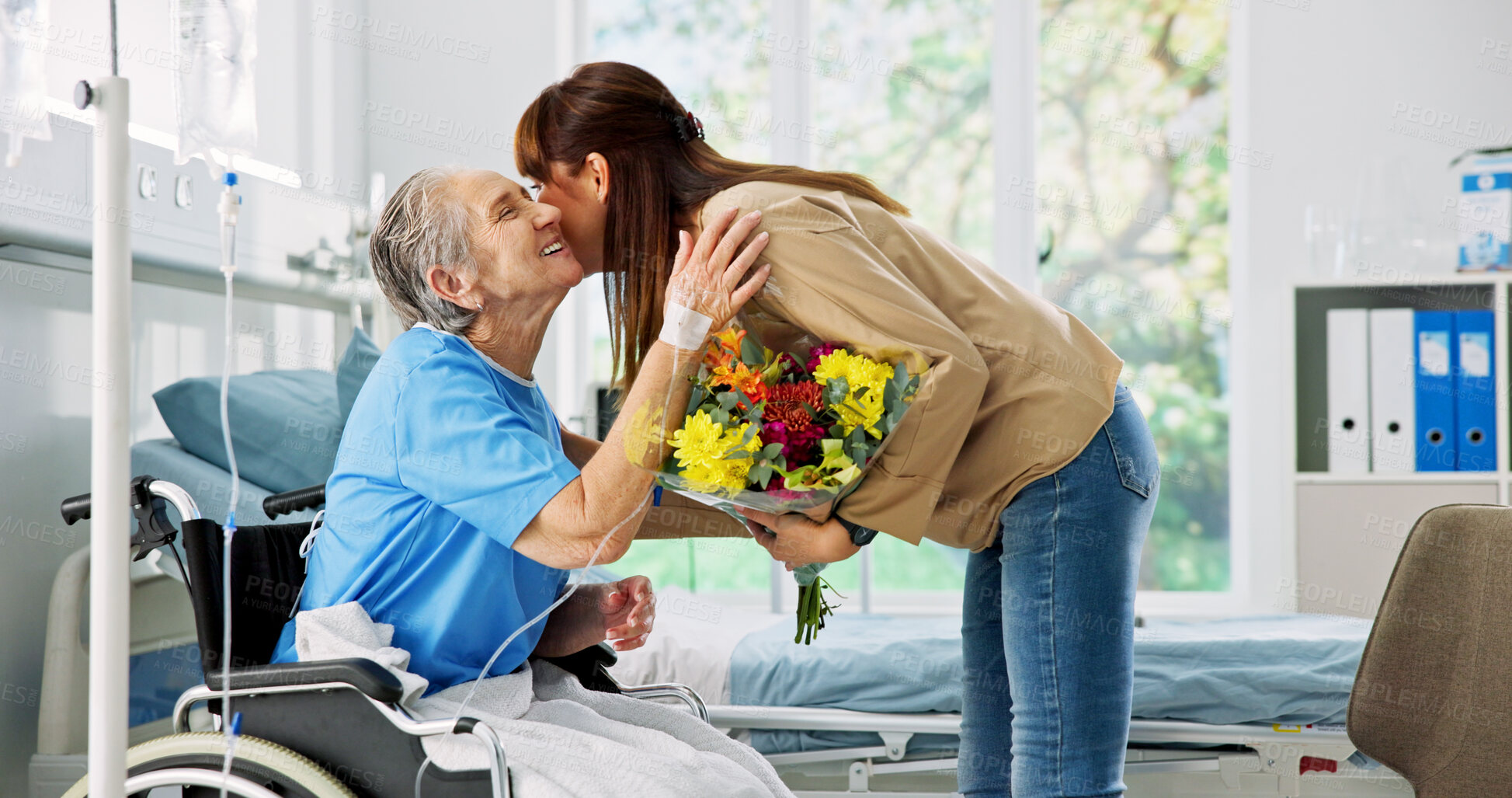 Buy stock photo Hospital, flowers and woman with elderly mother for support, comforting and gift for surgery recovery. Healthcare, wheelchair and person with bouquet for senior patient for healing, wellness and love