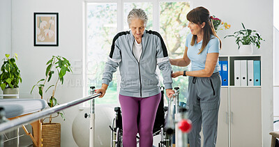 Buy stock photo Woman, senior patient or physiotherapist with walker rail for balance or stability in clinic. Elderly, female person or health physio with assistance for muscle recovery or movement in practice