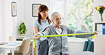 Woman, elderly patient or physiotherapist with resistance band for flexibility exercise in clinic. Senior, female person or health physio with assistance or help for arm muscle recovery in practice