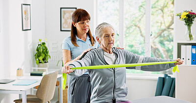 Buy stock photo Woman, elderly patient or physiotherapist with resistance band for flexibility exercise in clinic. Senior, female person or health physio with assistance or help for arm muscle recovery in practice