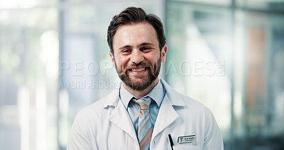 Buy stock photo Happy, man and portrait of doctor in hospital with confidence for medical career and support. Smile, professional and male healthcare worker with pride for job development in clinic in Germany.