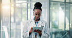 Doctor, hospital and black woman on tablet for online results, medical research and patient report. Healthcare, clinic and person on digital tech for telehealth website, diagnosis or planning surgery