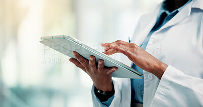 Buy stock photo Doctor, hospital and hands of person on tablet for online results, medical research and patient report. Healthcare, clinic and worker on digital tech for telehealth, diagnosis and planning surgery