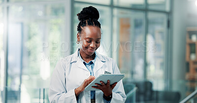 Buy stock photo Doctor, hospital and black woman on tablet in lobby for medical results, research and patient report. Healthcare, space and person on digital tech for telehealth, clinic diagnosis or planning surgery