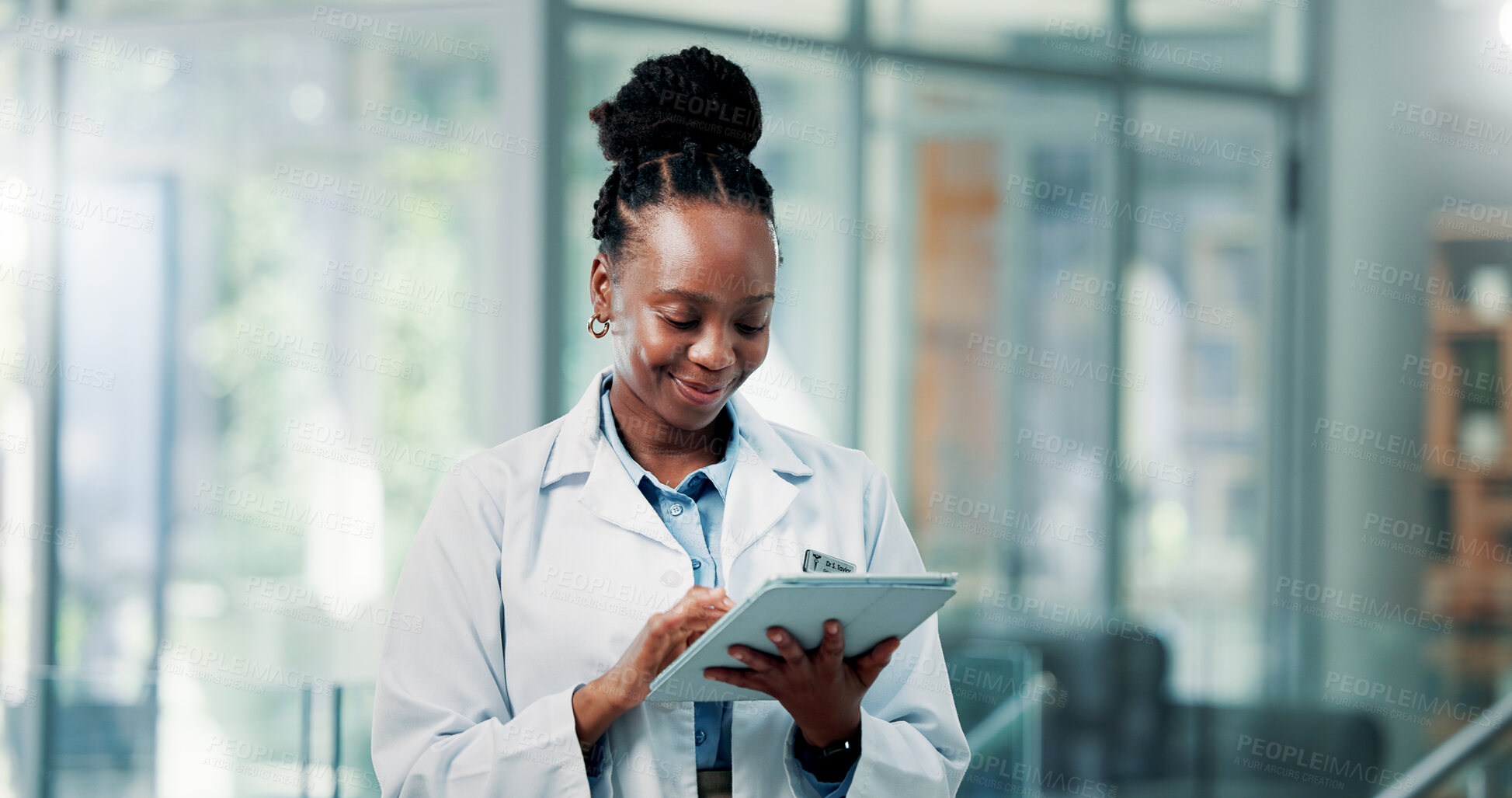 Buy stock photo Doctor, hospital and black woman on tablet in lobby for medical results, research and patient report. Healthcare, space and person on digital tech for telehealth, clinic diagnosis or planning surgery
