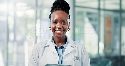 Buy stock photo Smile, black woman and portrait of doctor in hospital with confidence for medical career and support. Happy, professional and African female healthcare worker with pride for job development in clinic