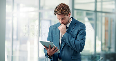 Buy stock photo Thinking, employee and man with tablet, office and risk assessment on website or financial analysis. Business, investment banker and person with tech for wealth management, reading and reflection