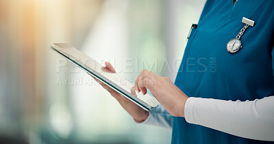 Buy stock photo Medical, hands and nurse with tablet in clinic for healthcare report, online results or telehealth. Health professional, person or digital app in hospital for insurance info, patient data or research