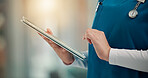 Healthcare, hands and nurse with tablet in hospital for medical report, work schedule or telehealth. Health professional, person and digital app for clinic database, insurance info or patient records