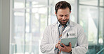 Doctor, hospital and man on tablet in lobby for online results, medical research or patient report. Healthcare, space and person on digital tech for telehealth website, diagnosis or planning surgery
