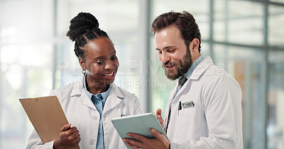 Buy stock photo Meeting, teamwork and doctors on tablet in hospital for patient results, diagnosis and medical advice. Healthcare, clinic and man and woman on digital tech for research, consulting and treatment plan