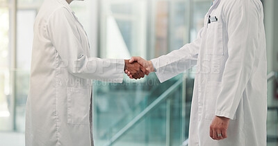 Buy stock photo Shaking hands, doctors and welcome at clinic, lobby and thanks with agreement for hiring. People, medical staff and handshake for success, recruitment or deal with onboarding in hospital hallway