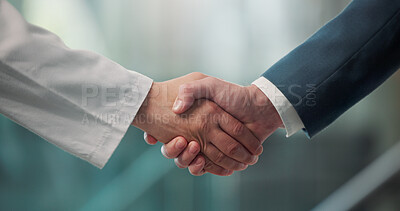Buy stock photo Handshake, doctors and recruitment at hospital, lobby and thanks with agreement for hiring. People, medical staff and shaking hands for success, welcome or deal with onboarding in clinic hallway