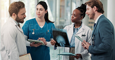 Buy stock photo Xray, planning and team of doctors with nurse in hospital for medical diagnosis in collaboration. Radiography image, tablet and group of healthcare employees with treatment discussion in clinic