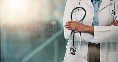 Buy stock photo Hospital, hands and doctor with stethoscope, arms crossed or medical professional with tool or space. Clinic, healthcare worker and person with equipment for health services, wellness and medicine