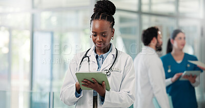 Buy stock photo Doctor, hospital and woman on tablet in lobby for online results, medical research and patient report. Healthcare, clinic and person on digital tech for telehealth, diagnosis and planning for surgery