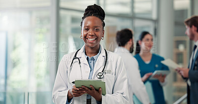 Buy stock photo Doctor, woman and happy with tablet in clinic for medical report, online results or surgery schedule. Hospital staff, professional or portrait with tech for telehealth, insurance info or patient data
