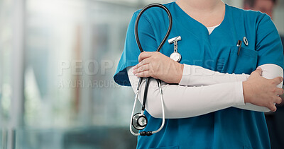 Buy stock photo Healthcare, hands and doctor with stethoscope, arms crossed and medical professional with equipment. Hospital, surgeon and person with tool for health service, space and help for wellness or medicine