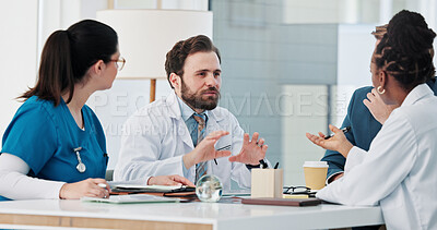 Buy stock photo Feedback, meeting and doctors with business person in planning for research grant, partnership and conversation. Healthcare, medical funding and approval with team in hospital for investment support