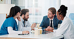 Businessman, doctors and nurse with meeting in hospital for research grant, vaccine trial or planning. Healthcare, people or staff with update on medical funding, investment opportunity or discussion