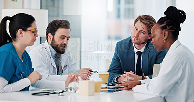 Buy stock photo Team, research and discussion with doctors in hospital for meeting, surgery schedule and healthcare. Conversation, planning and medical with people in clinic for consulting, collaboration and nurses