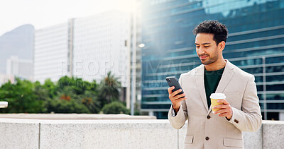 Buy stock photo Businessman, phone and coffee with texting in city, rooftop and good news for real estate deal with smile. Person, smartphone and property investor with mobile app, happy or contact for building sale