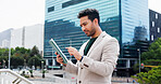 Businessman, trader and city with tablet for stock market research, investment or asset management. Man, broker or investor scrolling with technology for online finance, trading or business in town