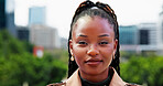 Real estate, portrait and black woman in city, travel and property investment with pride. African person, outdoor and agent with expansion opportunity, urban development and realtor with confidence