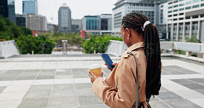 Buy stock photo City, coffee or businesswoman with phone screen for commute, social media or work schedule for tasks. Digital map, urban or black person with mobile for morning travel, reading chat or caffeine drink