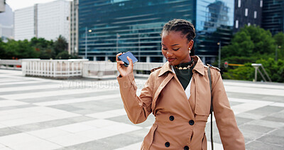 Buy stock photo Business, phone and walking with black woman in city for travel to office building or work. Commute, mobile and smile of happy African employee in urban town for career ambition or opportunity