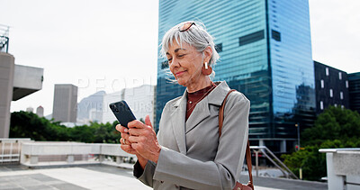 Buy stock photo Real estate, typing and woman in city, cellphone and urban development with message to contact. Outdoor, realtor or mature person with smartphone, connection or email for property investment or app