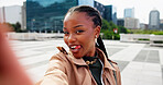 Black woman, portrait and city with selfie for social media, memory or outdoor photography. Female person, employee or business travel with picture or tongue out for capture moment in an urban town