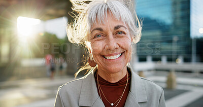 Buy stock photo Real estate, portrait and woman in city, smile or property investment with expansion opportunity. Mature person, outdoor or agent with happiness, urban development or realtor with confidence or pride