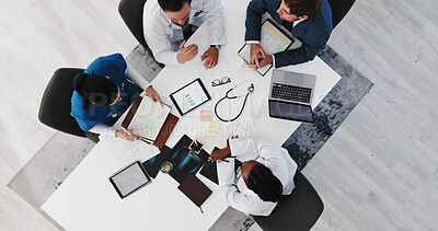 Buy stock photo Hospital, team and doctors with tech, meeting and medical research for treatment plan and discussion. Clinic, healthcare workers and collaboration with diagnosis on web, above and talking with people