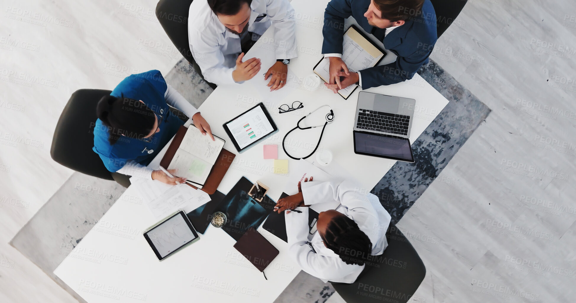 Buy stock photo Hospital, team and doctors with tech, meeting and medical research for treatment plan and discussion. Clinic, healthcare workers and collaboration with diagnosis on web, above and talking with people