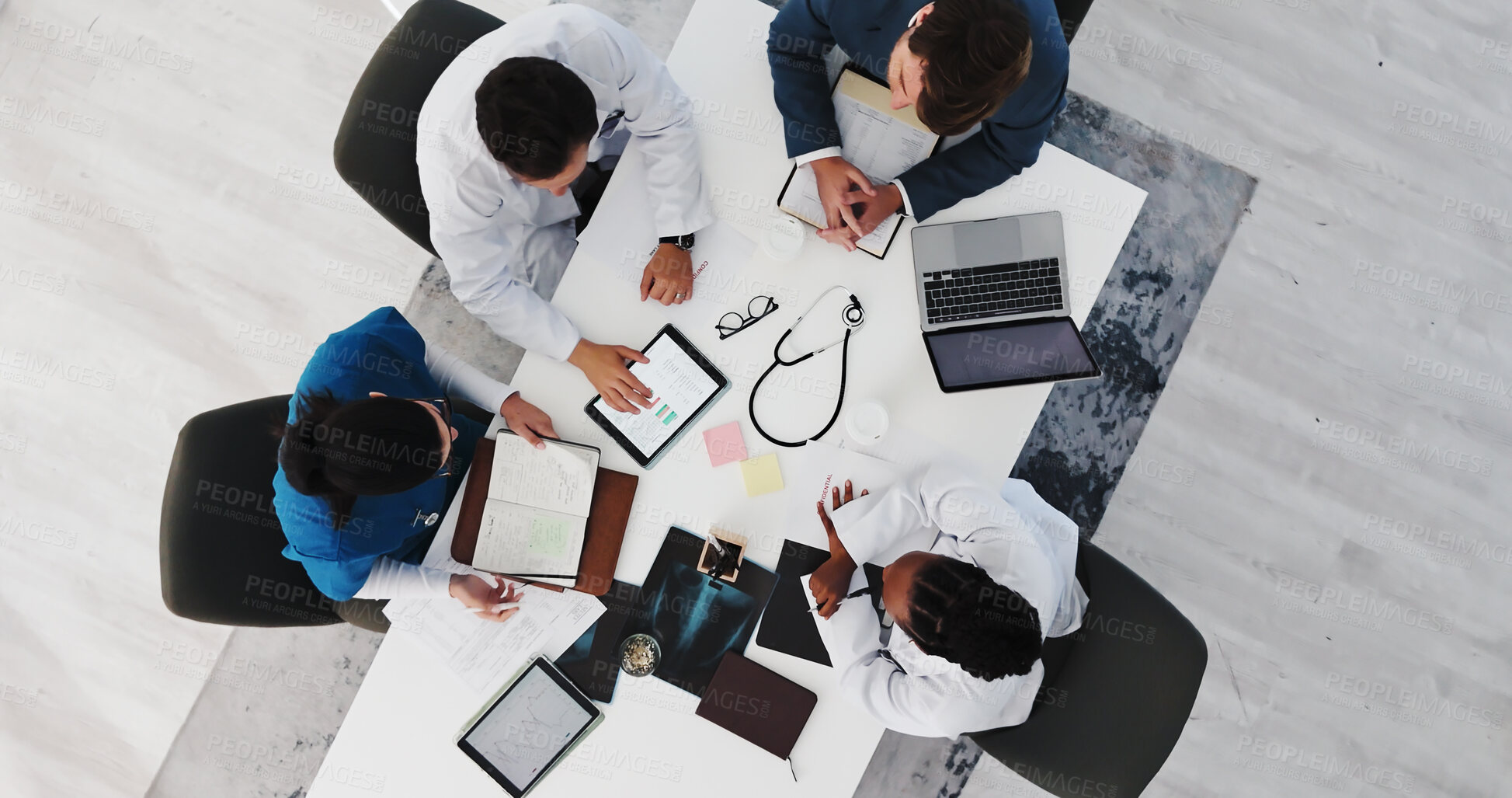 Buy stock photo Hospital, medical research and doctors with tech, meeting and discussion for treatment plan and team. Clinic, healthcare workers and collaboration with diagnosis on web, above and talking with people