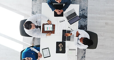 Buy stock photo Hospital, team and doctors with tech, discussion and medical research for treatment plan and meeting. Clinic, healthcare workers and collaboration with diagnosis on web, above and talking with people