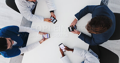 Buy stock photo Clinic, team and doctors with phone screen, meeting and medical research for treatment plan or above. Hospital, healthcare workers and collaboration with diagnosis on web, talk and people with mobile