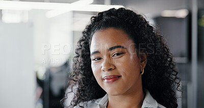 Buy stock photo Portrait, woman and smile in office with pride, confidence or ambition for public relations career. Happy, female person or PR consultant in workplace with job satisfaction, brand management or space