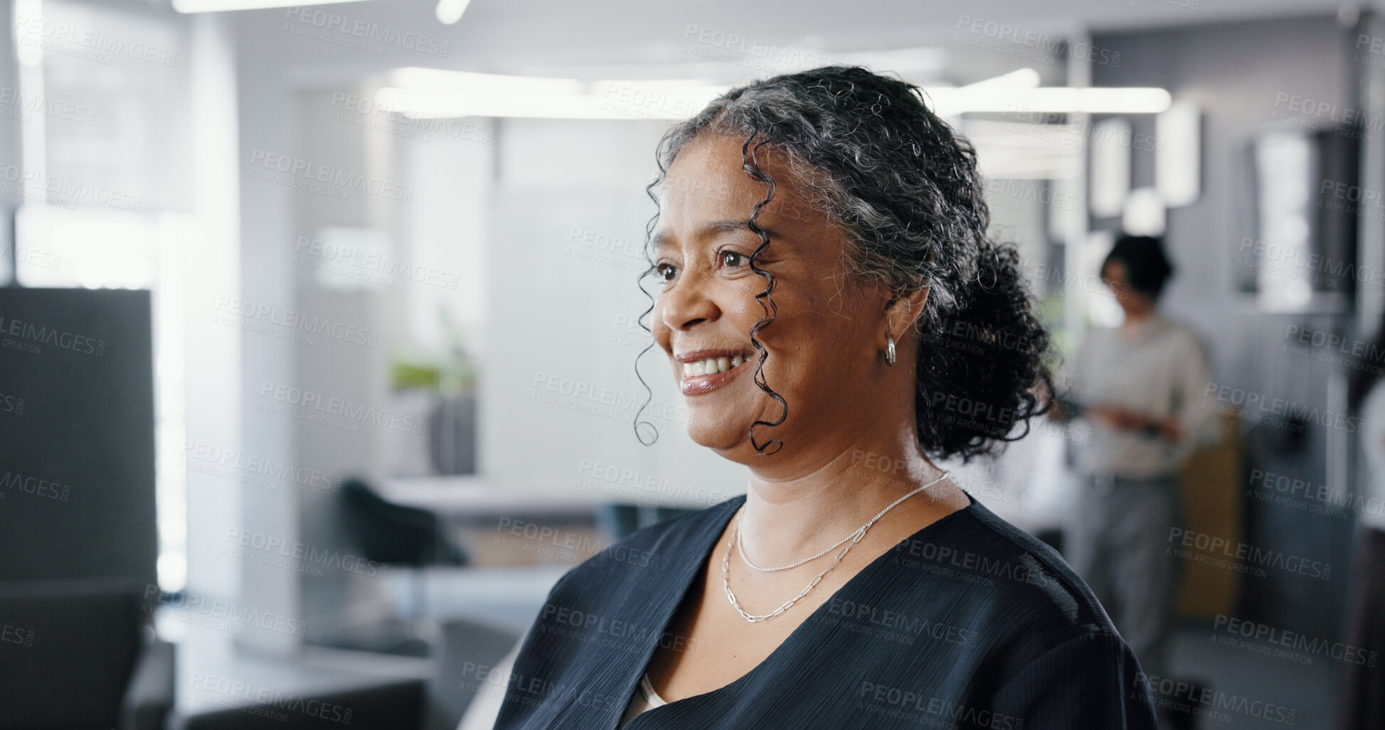 Buy stock photo Smile, thinking and mature business woman with vision, financial decision or perspective in office. Reflection, investment consultant and happy person with company insight, idea and problem solving