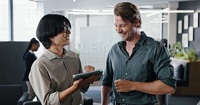 Buy stock photo Investor, tablet and men with conversation, excited and digital app for investment deal. People, financial advisor and tech in office, talk or email for trading portfolio or success for profit growth