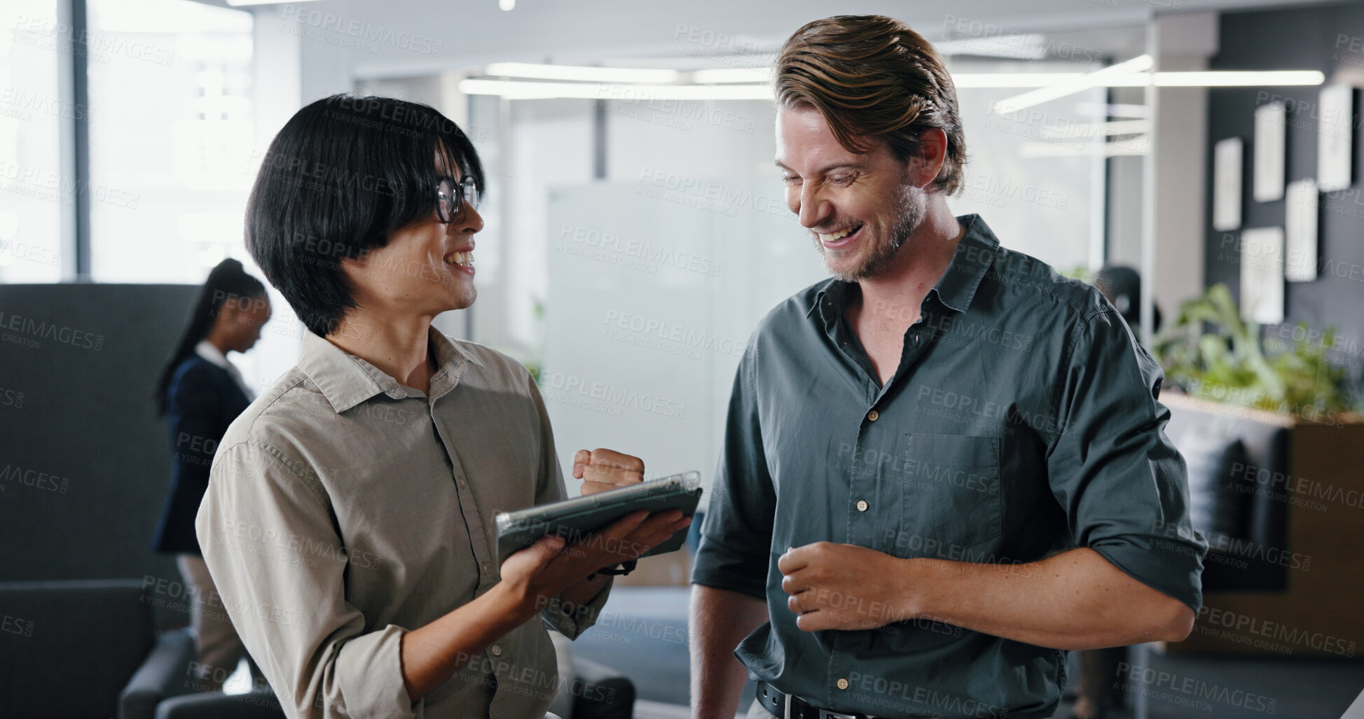 Buy stock photo Investor, tablet and men with conversation, excited and digital app for investment deal. People, financial advisor and tech in office, talk or email for trading portfolio or success for profit growth