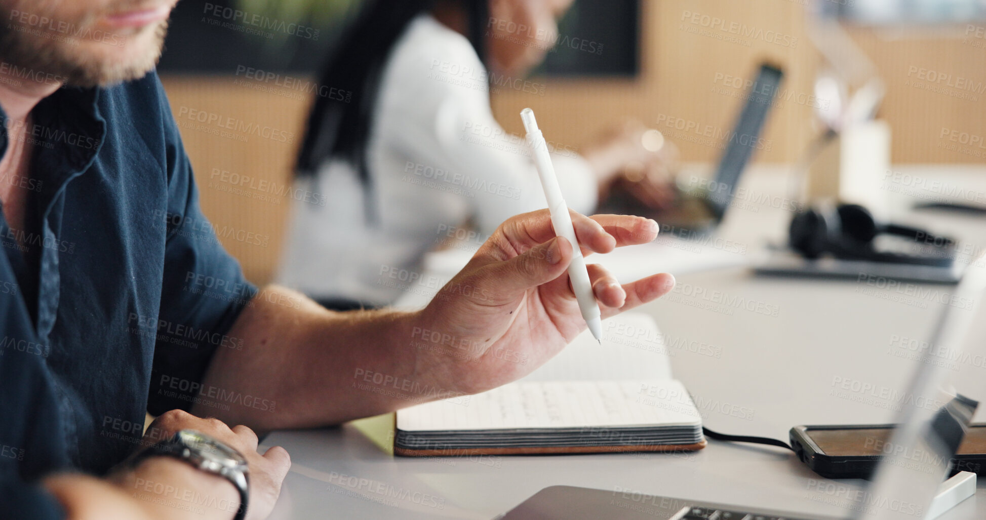 Buy stock photo Hand, pen and businessman with laptop in office for to do list, agenda or writer with idea. Computer, planning and thinking with employee in workplace for coworking, development or article research