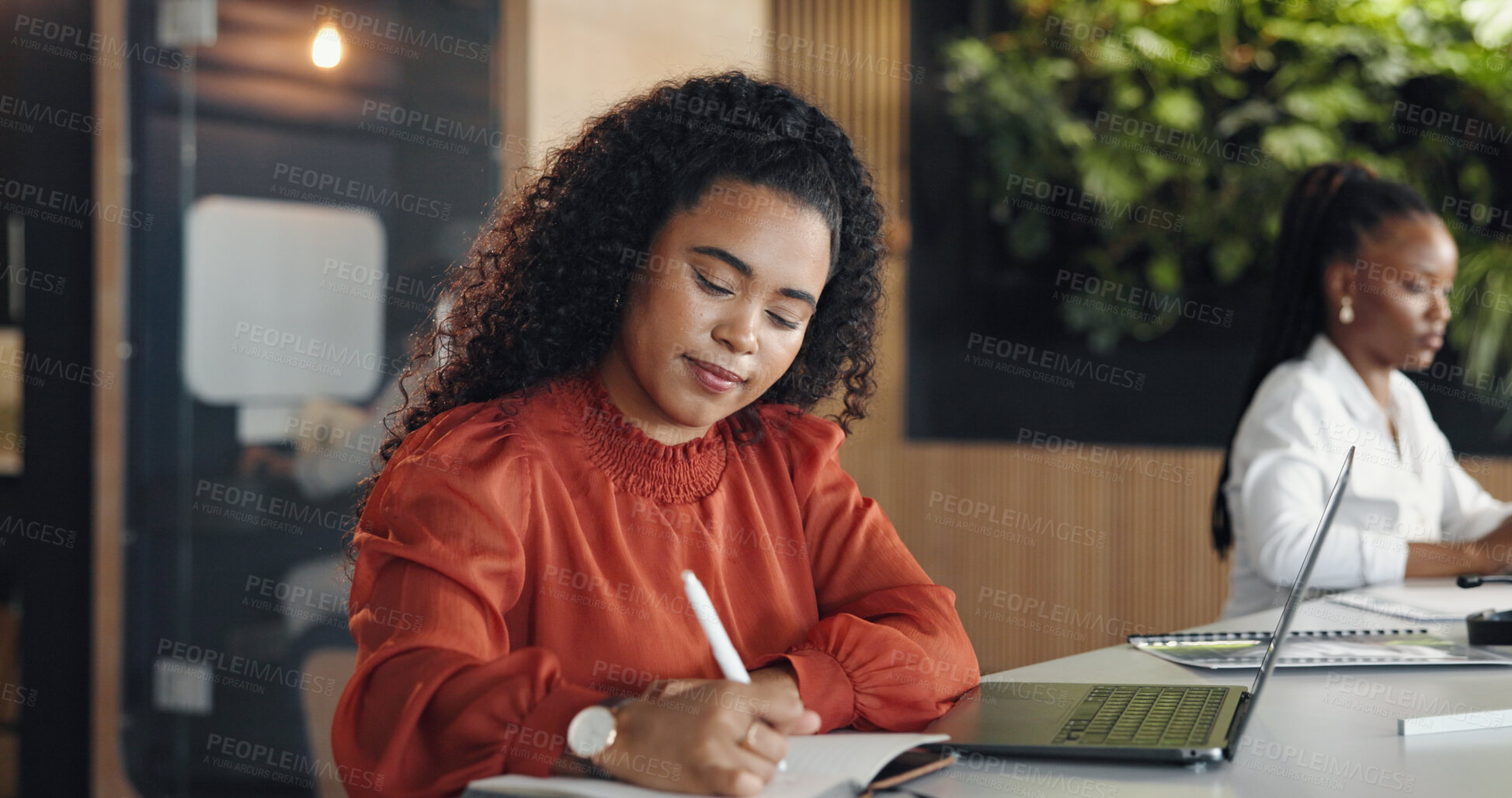 Buy stock photo Design, laptop and writing with business woman in coworking office for planning or research. Computer, development and notebook with designer person at desk in workplace for agenda or schedule
