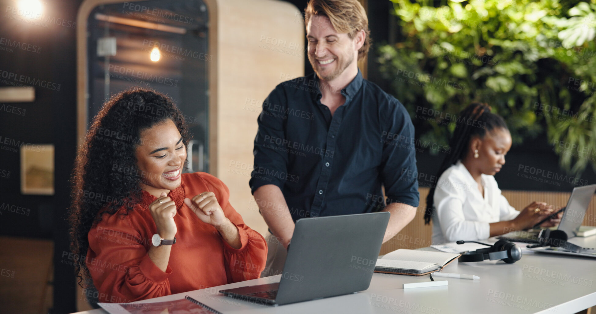 Buy stock photo Fist pump, smile and business people on laptop with success for project, article and teamwork. Publishing agency, coworking office and man with woman celebrate submission, review and editing proposal