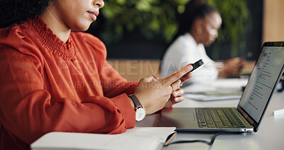 Buy stock photo Woman, hands and phone in office with laptop, text message and email for social media marketing campaign. Creative, person and coworking with computer, tech and notification for digital advertising.