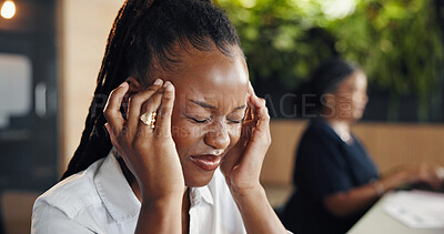 Buy stock photo Woman, headache and stress at startup, tension and exhausted with temple massage at media company. Person, journalist and coworking with migraine, chronic pain or burnout with job at creative agency